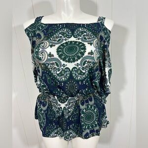 NEW Jon & Anna Top Sz L Blue Cold Shoulder Short Sleeve Casual Elastic Waist